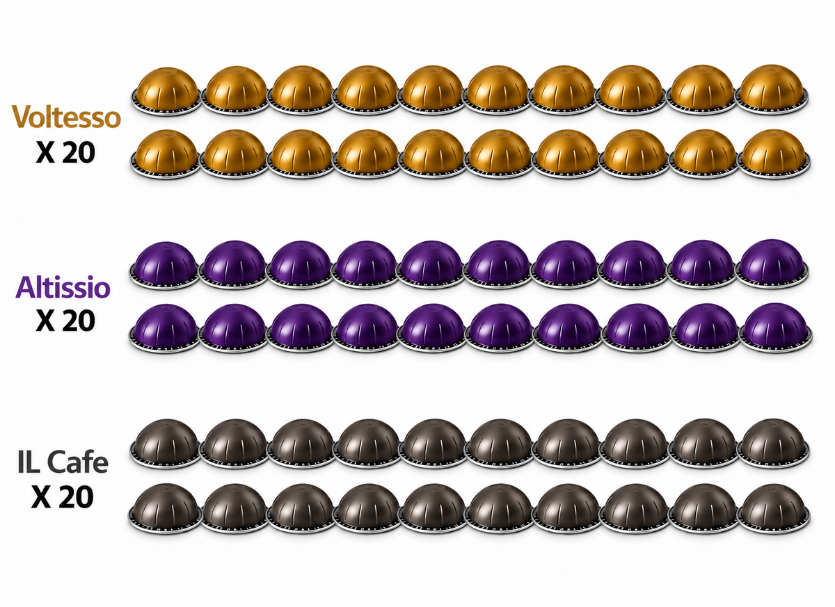 60 Nespresso Vertuo espresso pods: 20 Voltesso, 20 Altissio and 20 Il Caffè